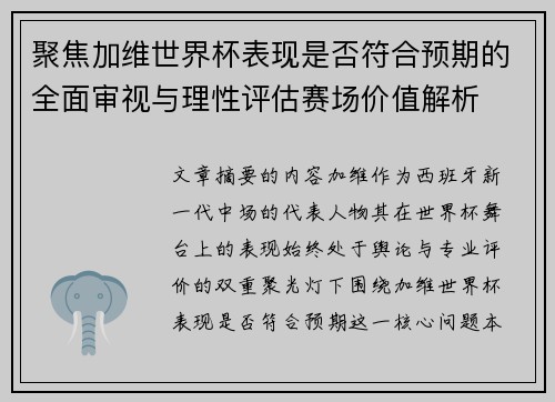 聚焦加维世界杯表现是否符合预期的全面审视与理性评估赛场价值解析